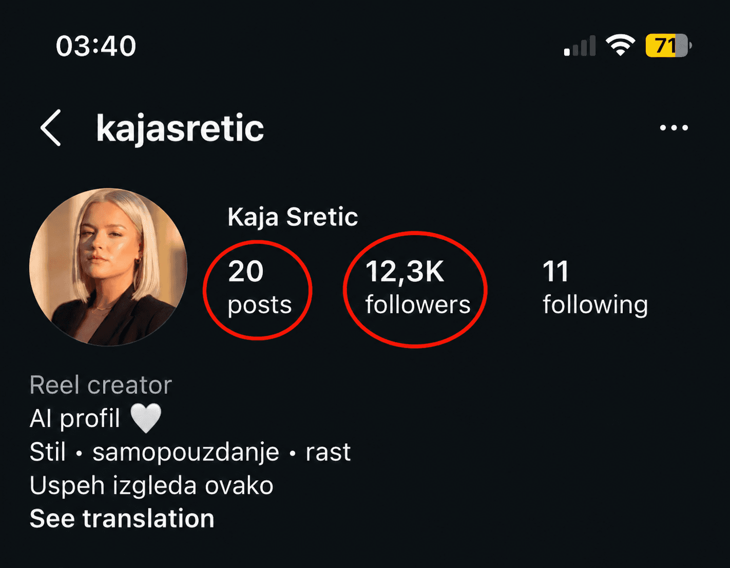 Kaja Sretic — Instagram AI profil, 12.3K pratilaca