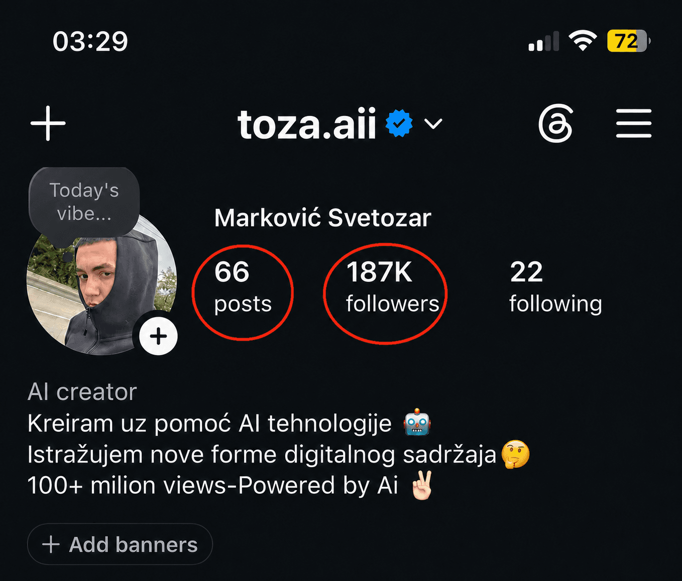 toza.aii — Instagram profil, 187K pratilaca, verifikovan