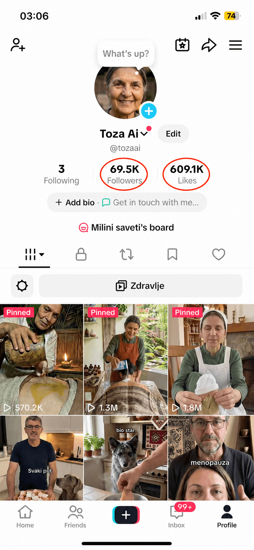 Toza Ai — TikTok profil, 69.5K pratilaca, 609K lajkova